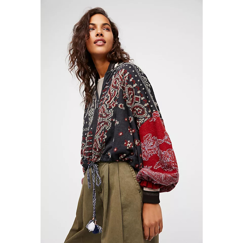 Free People Black & Red Paisley Bomber Jacket